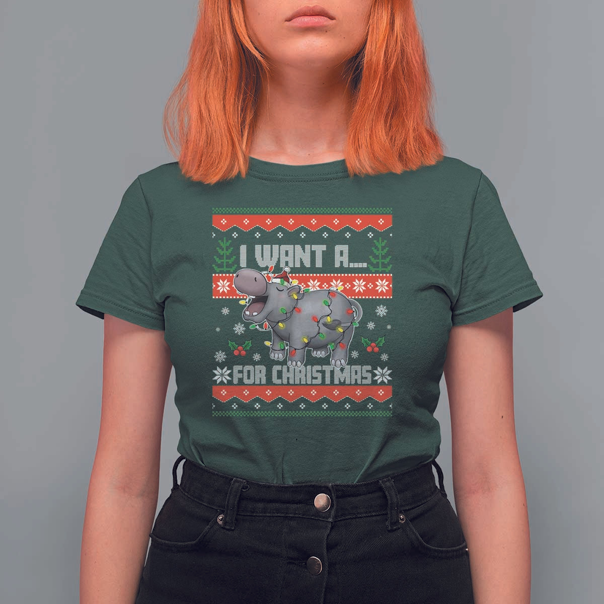 Funny Christmas T Shirt For Women I Want A Hippopotamus For Xmas Moo Deng Ugly Gift - Wonder Print Shop