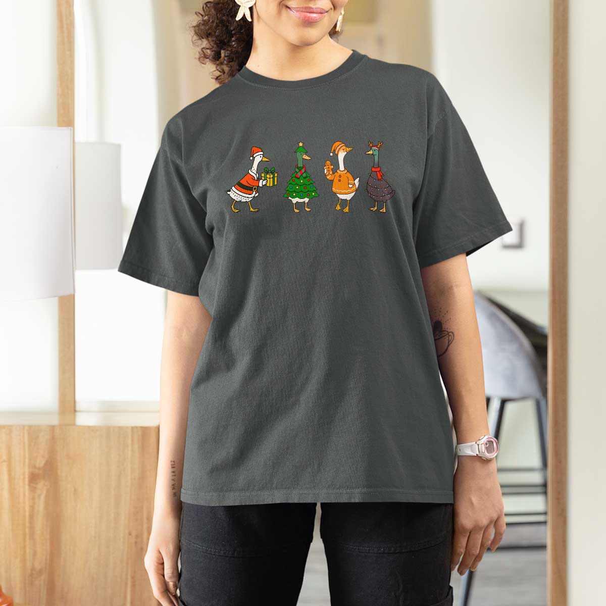 Christmas Ducks T Shirt For Women Funny Animals Farm Lover Gift Xmas Light - Wonder Print Shop