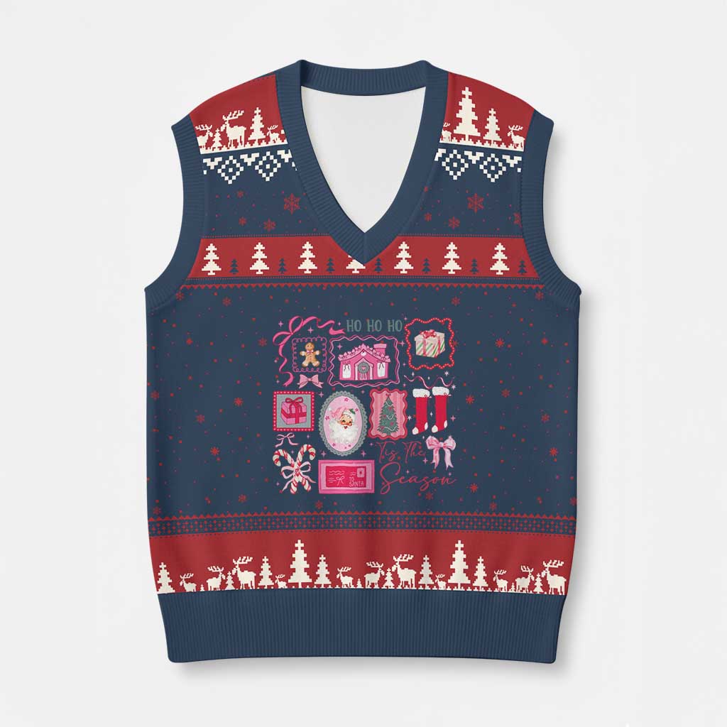 Pink Xmas V-Neck Knit Sweater Vest Old Xmas Vintage Pink Santa Claus - Wonder Print Shop