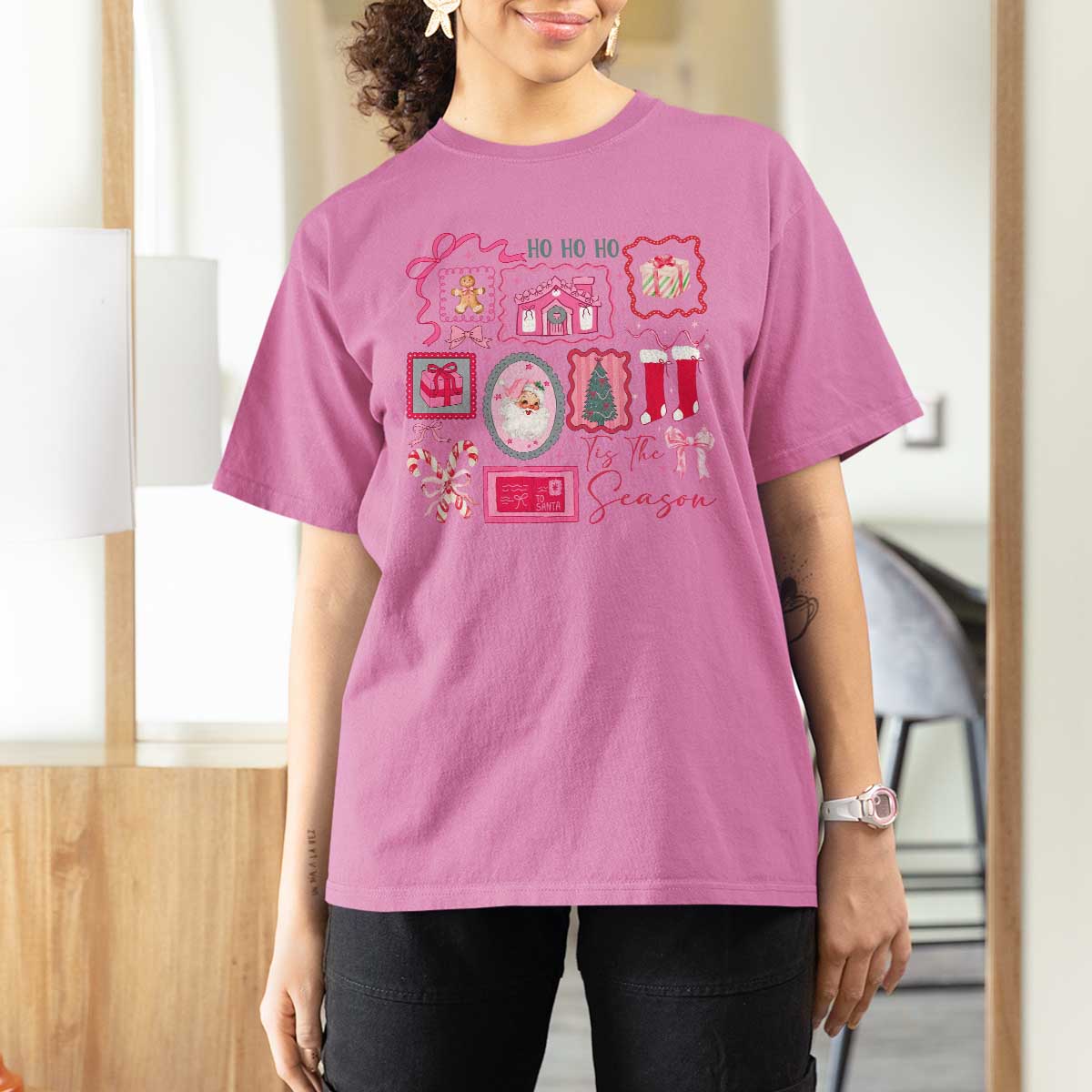 Pink Christmas T Shirt For Women Old Xmas Vintage Pink Santa Claus - Wonder Print Shop