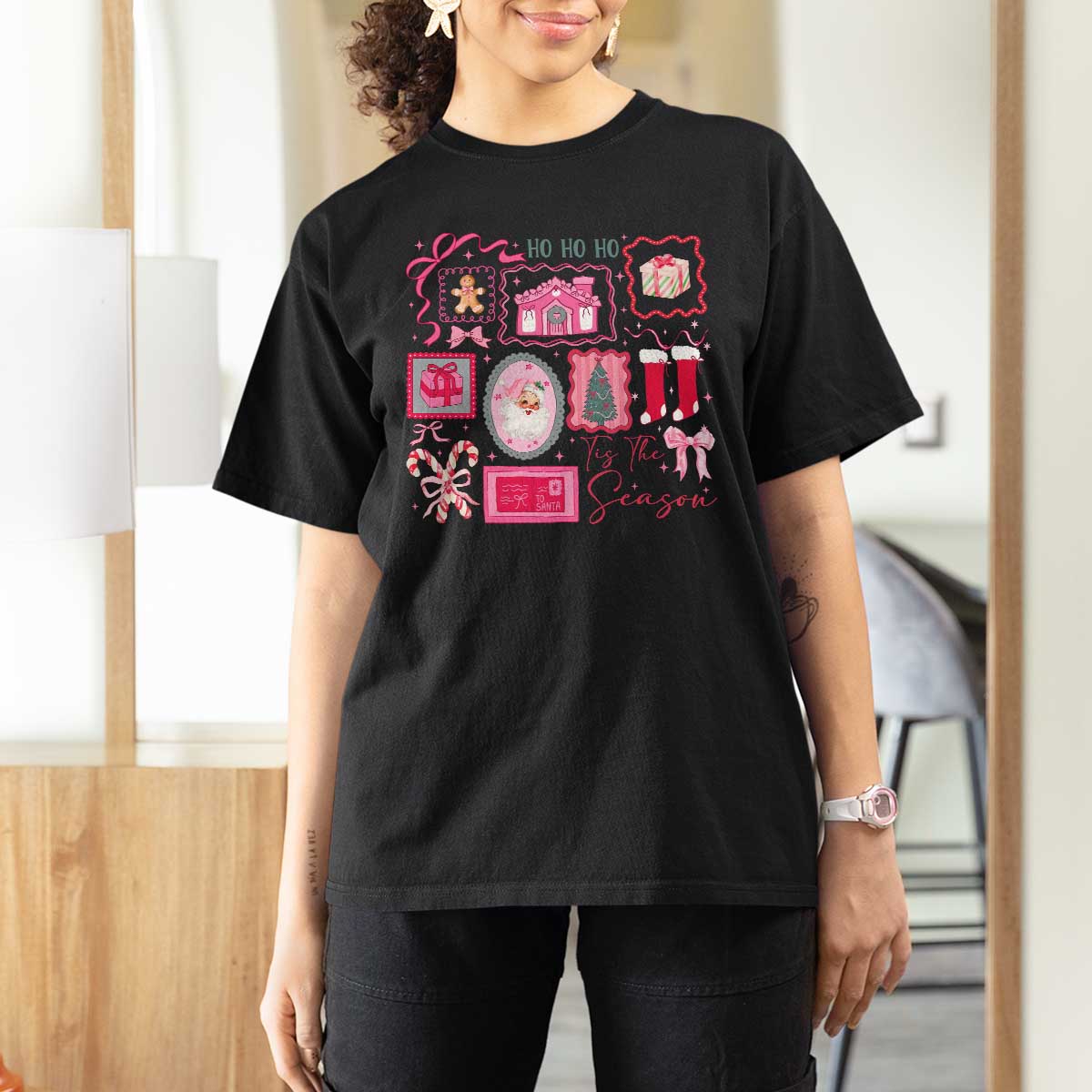 Pink Christmas T Shirt For Women Old Xmas Vintage Pink Santa Claus - Wonder Print Shop