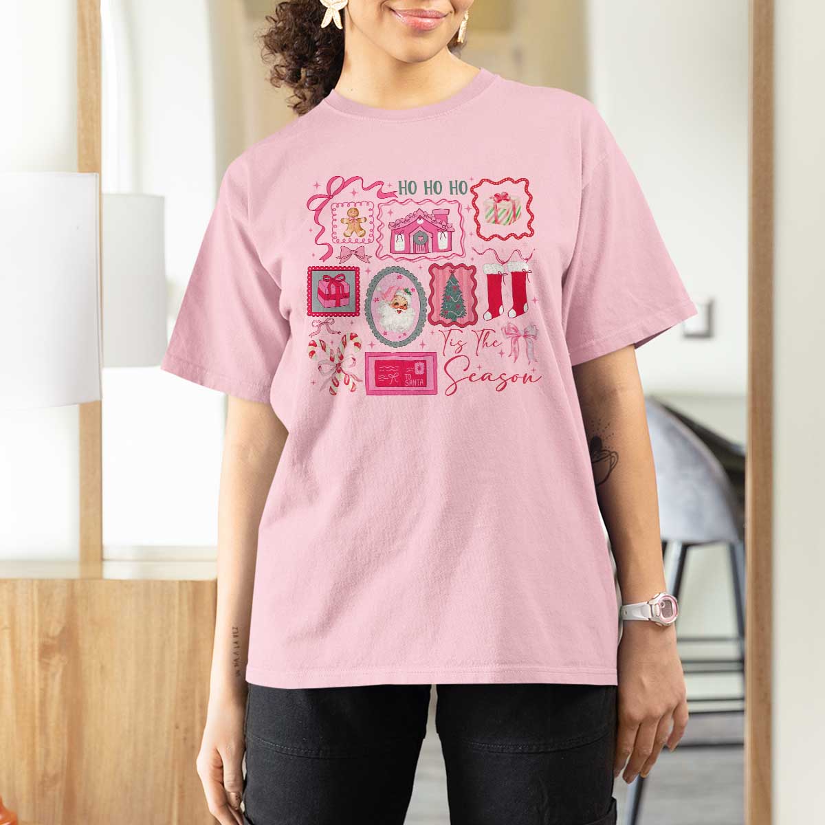 Pink Christmas T Shirt For Women Old Xmas Vintage Pink Santa Claus - Wonder Print Shop