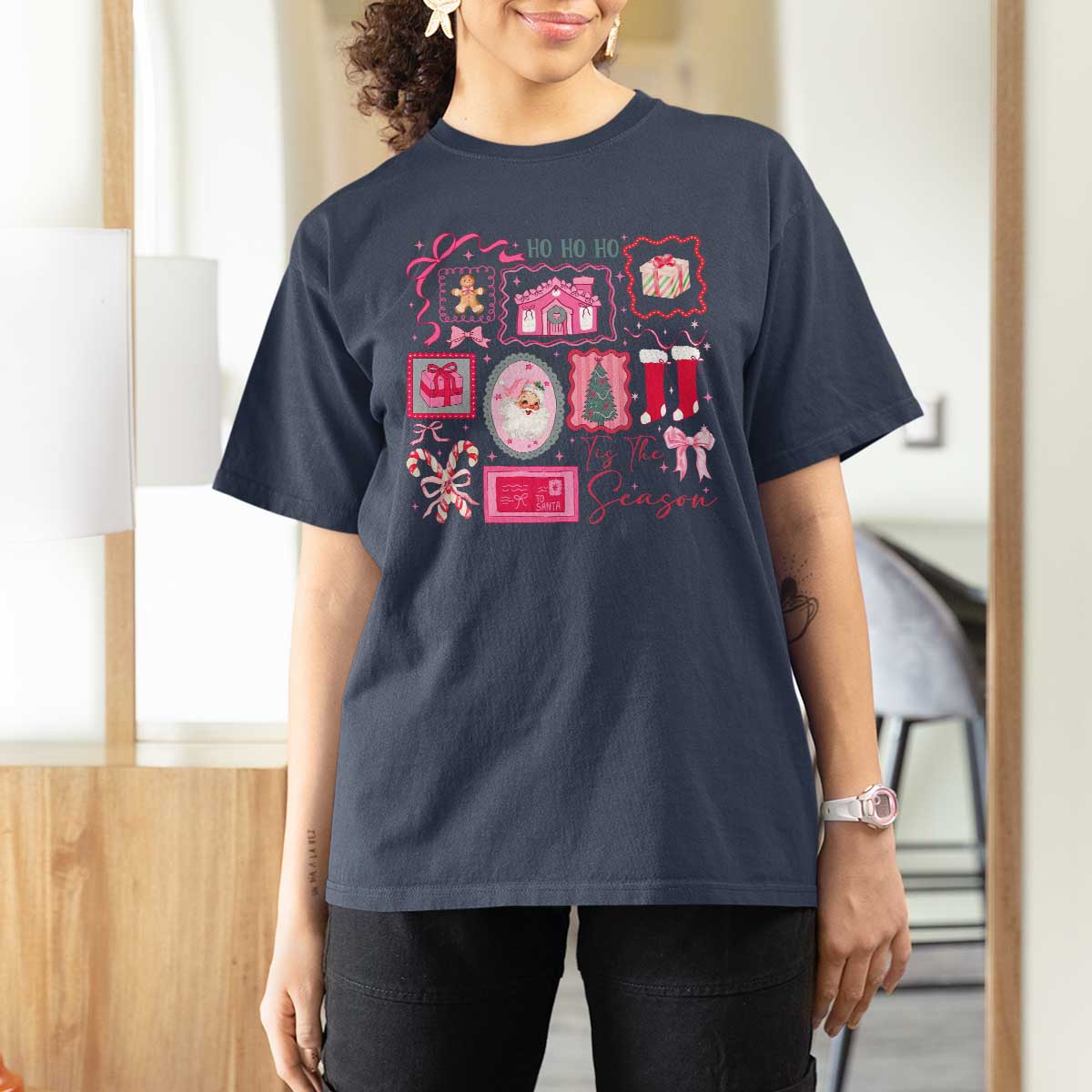 Pink Christmas T Shirt For Women Old Xmas Vintage Pink Santa Claus - Wonder Print Shop