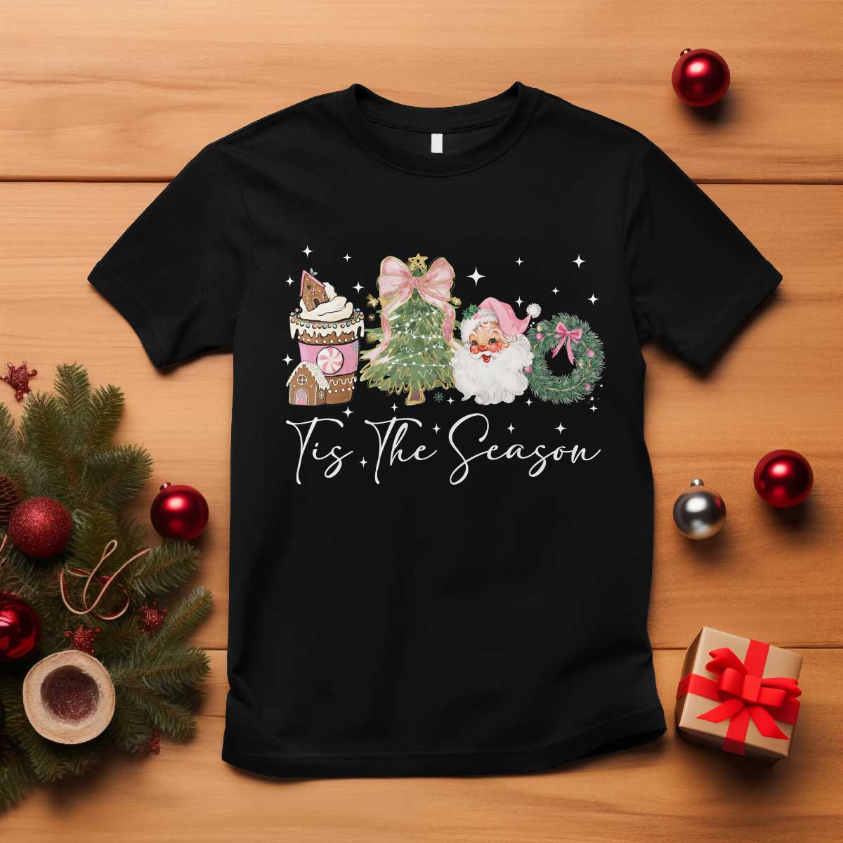 Christmas Tis The Season T Shirt Cute Winter Old Xmas Vintage Pink Santa Claus - Wonder Print Shop