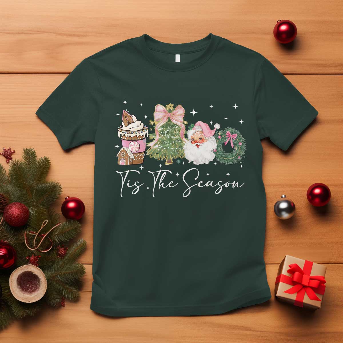 Christmas Tis The Season T Shirt Cute Winter Old Xmas Vintage Pink Santa Claus - Wonder Print Shop