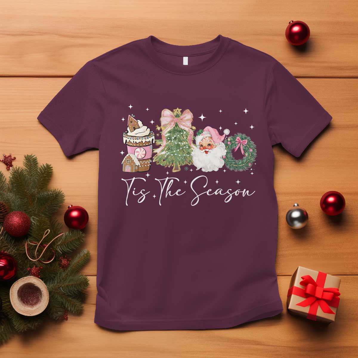 Christmas Tis The Season T Shirt Cute Winter Old Xmas Vintage Pink Santa Claus - Wonder Print Shop