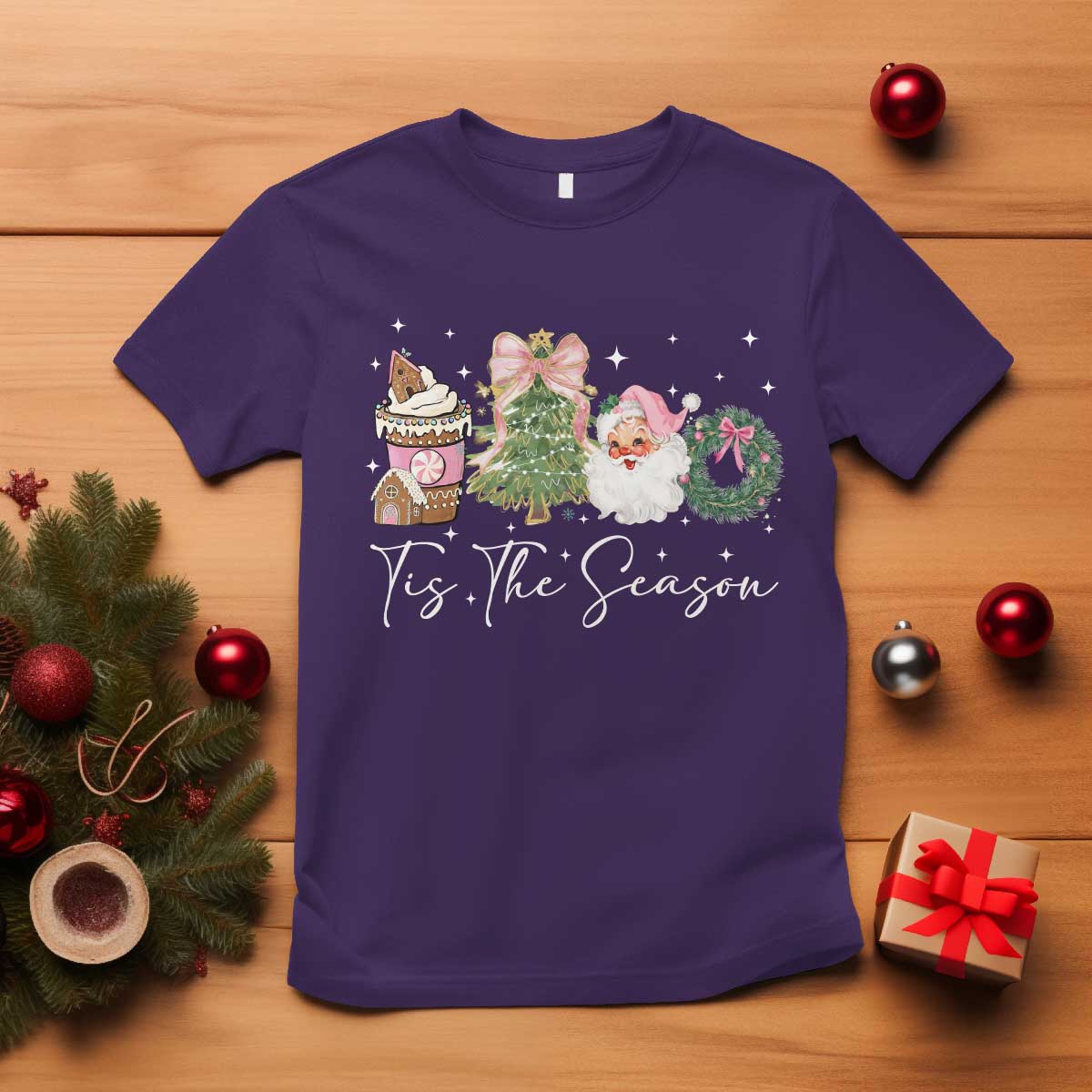 Christmas Tis The Season T Shirt Cute Winter Old Xmas Vintage Pink Santa Claus - Wonder Print Shop