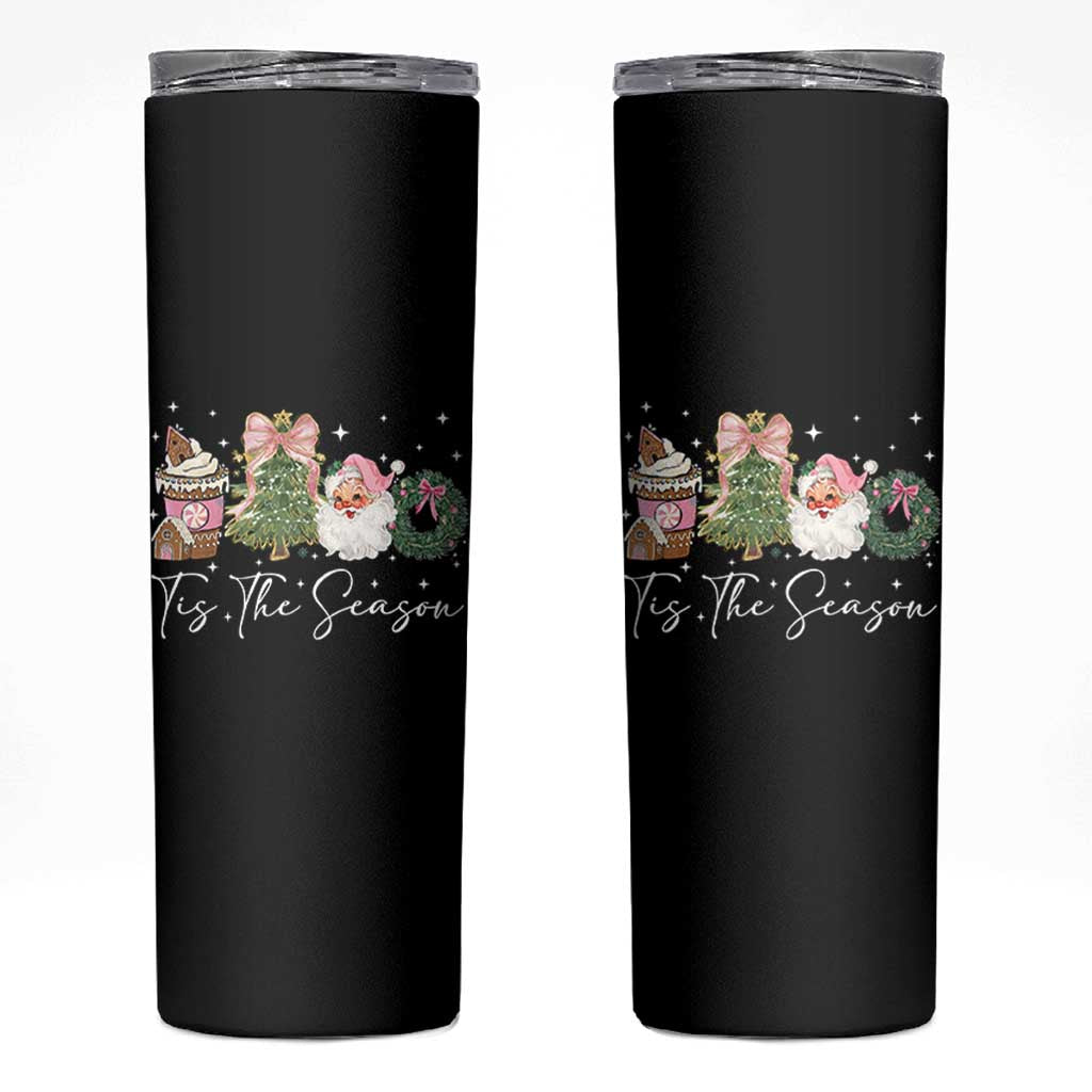 Christmas Tis The Season Skinny Tumbler Cute Winter Old Xmas Vintage Pink Santa Claus - Wonder Print Shop