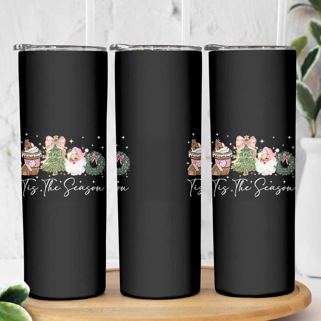 Christmas Tis The Season Skinny Tumbler Cute Winter Old Xmas Vintage Pink Santa Claus - Wonder Print Shop