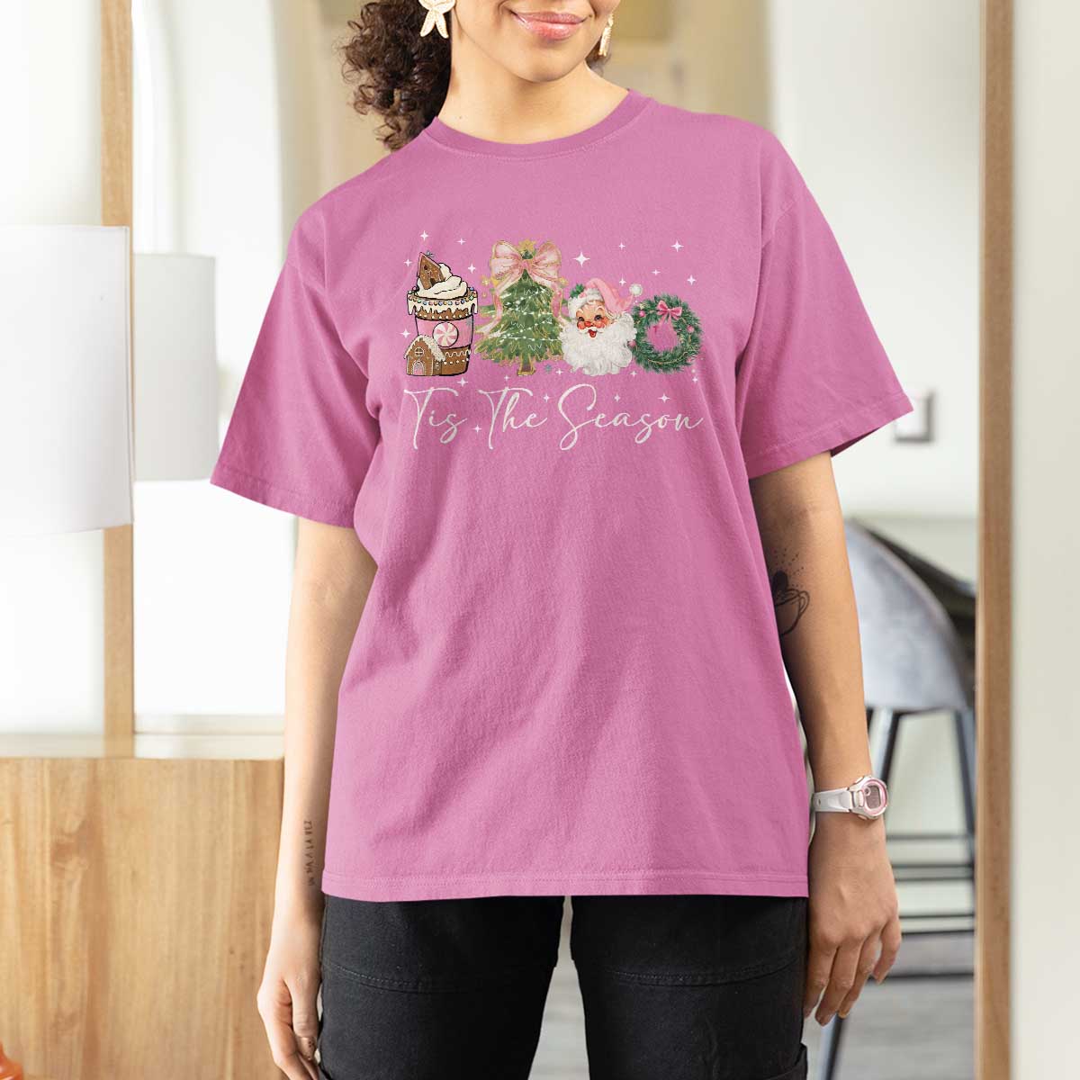 Christmas Tis The Season T Shirt For Women Cute Winter Old Xmas Vintage Pink Santa Claus - Wonder Print Shop