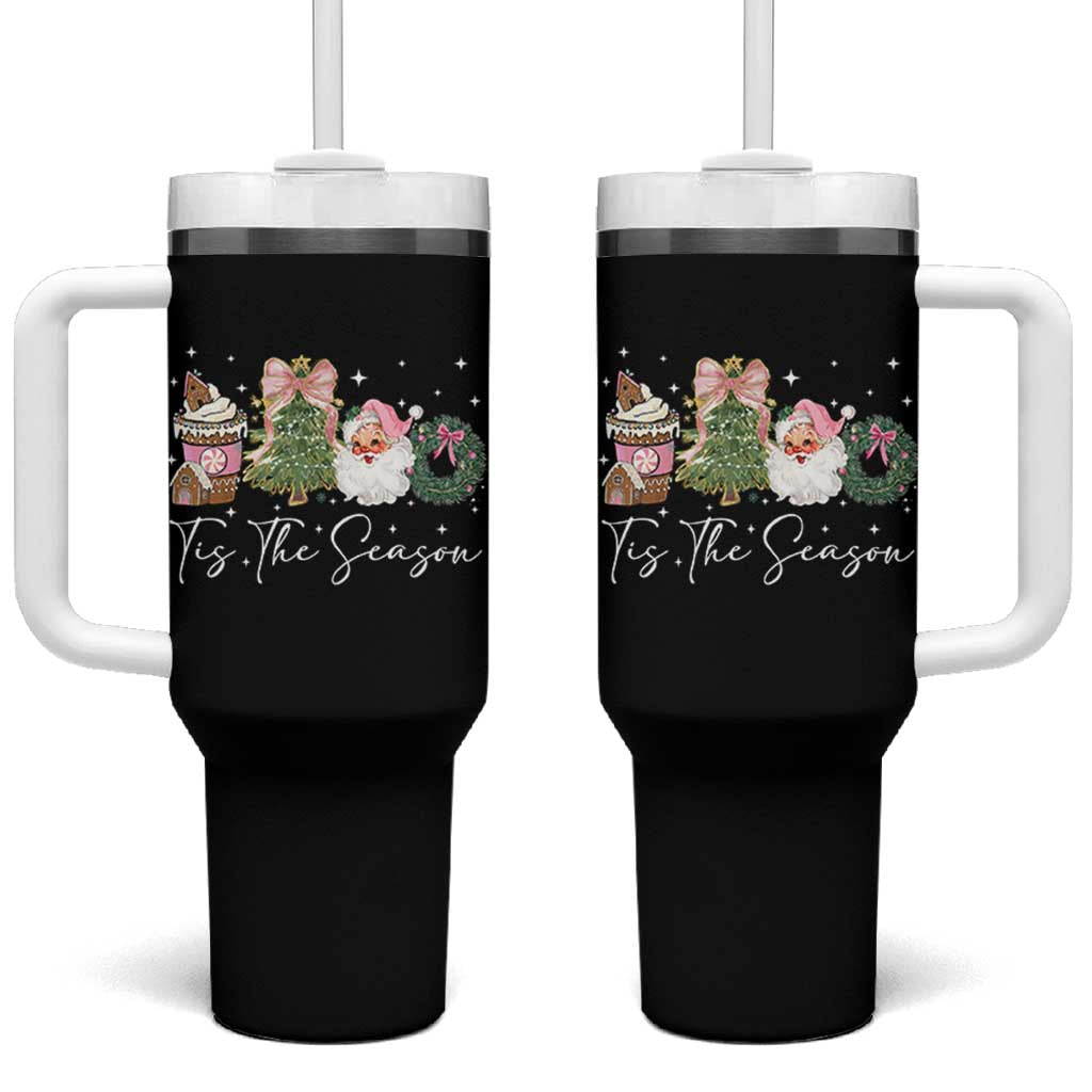 Christmas Tis The Season Tumbler With Handle Cute Winter Old Xmas Vintage Pink Santa Claus - Wonder Print Shop