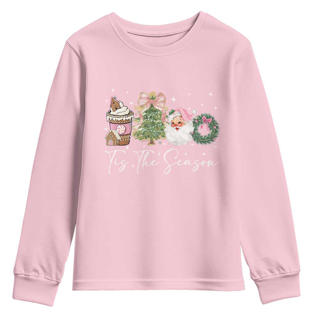 Christmas Tis The Season Youth Sweatshirt Cute Winter Old Xmas Vintage Pink Santa Claus - Wonder Print Shop