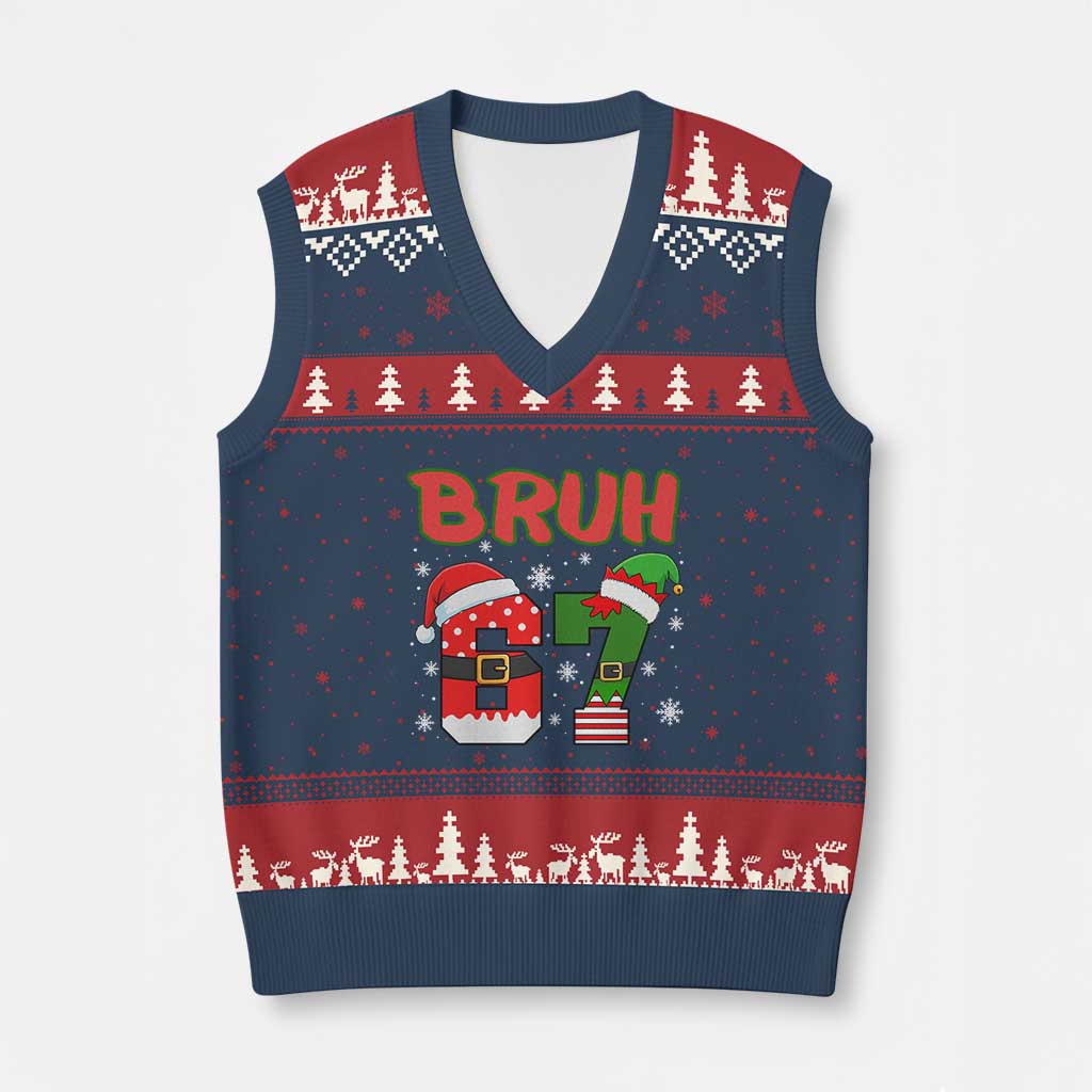 67 Xmas V-Neck Knit Sweater Vest Six Seven Bruh Funny Boys Kids Meme Pajamas Gen Alpha Slang - Wonder Print Shop