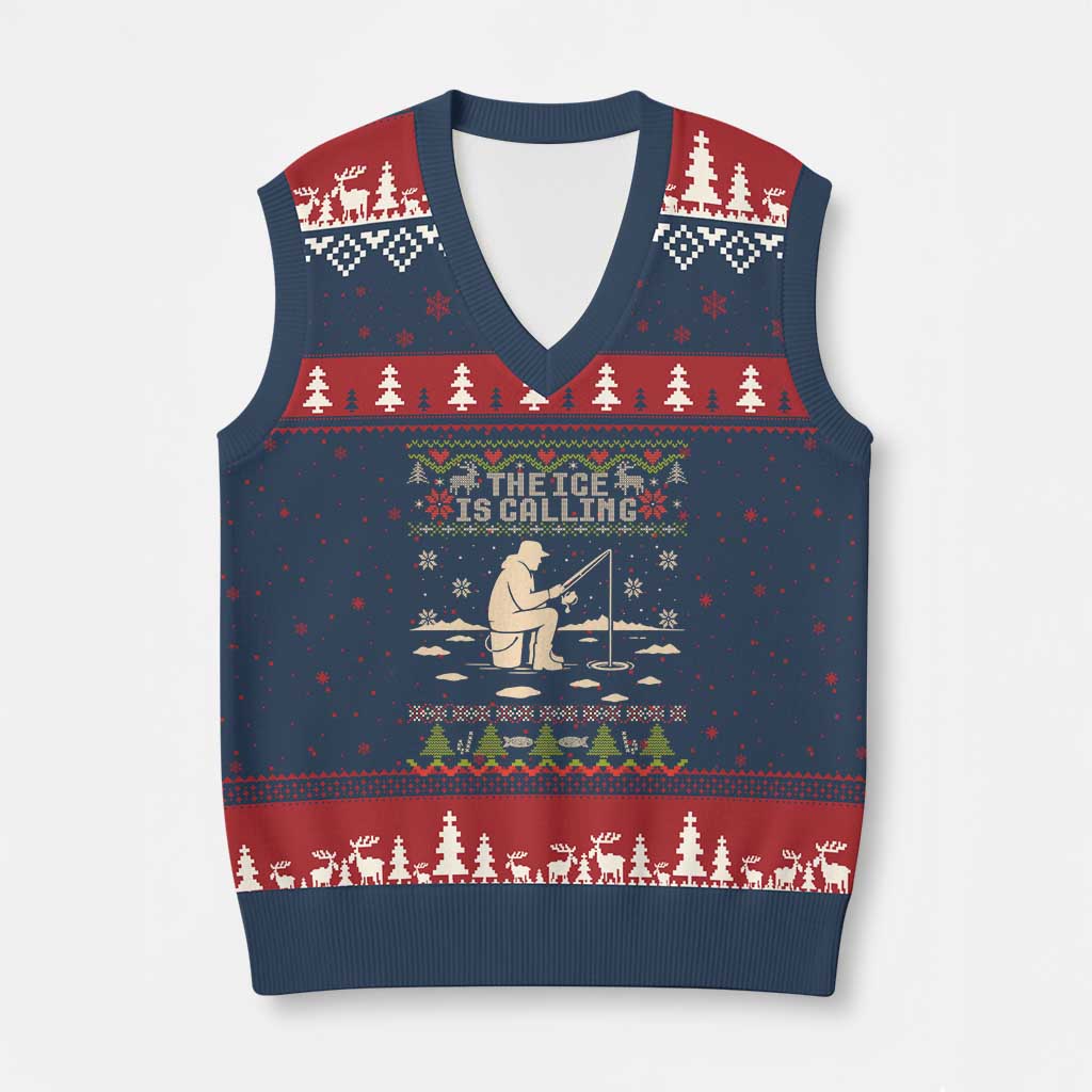 Funny Xmas Ice Fishing V-Neck Knit Sweater Vest Merry Fishmas Fish Fishing Ugly Xmas - Wonder Print Shop