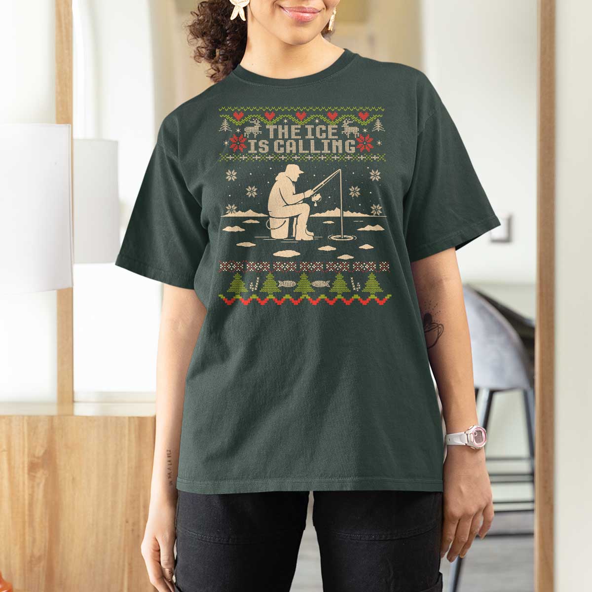 Funny Christmas Ice Fishing T Shirt For Women Merry Fishmas Fish Fishing Ugly Xmas - Wonder Print Shop