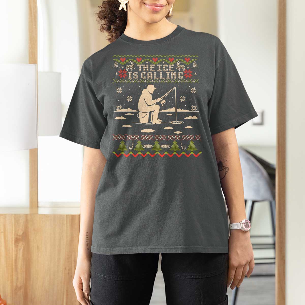 Funny Christmas Ice Fishing T Shirt For Women Merry Fishmas Fish Fishing Ugly Xmas - Wonder Print Shop