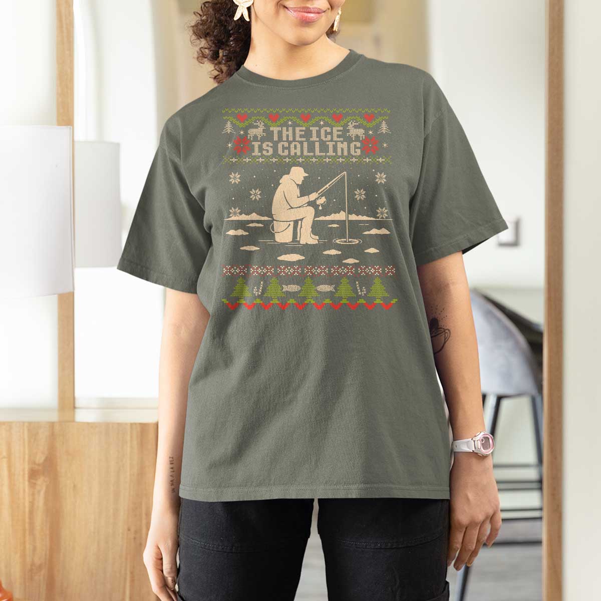 Funny Christmas Ice Fishing T Shirt For Women Merry Fishmas Fish Fishing Ugly Xmas - Wonder Print Shop