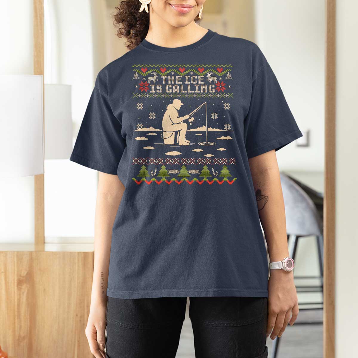Funny Christmas Ice Fishing T Shirt For Women Merry Fishmas Fish Fishing Ugly Xmas - Wonder Print Shop