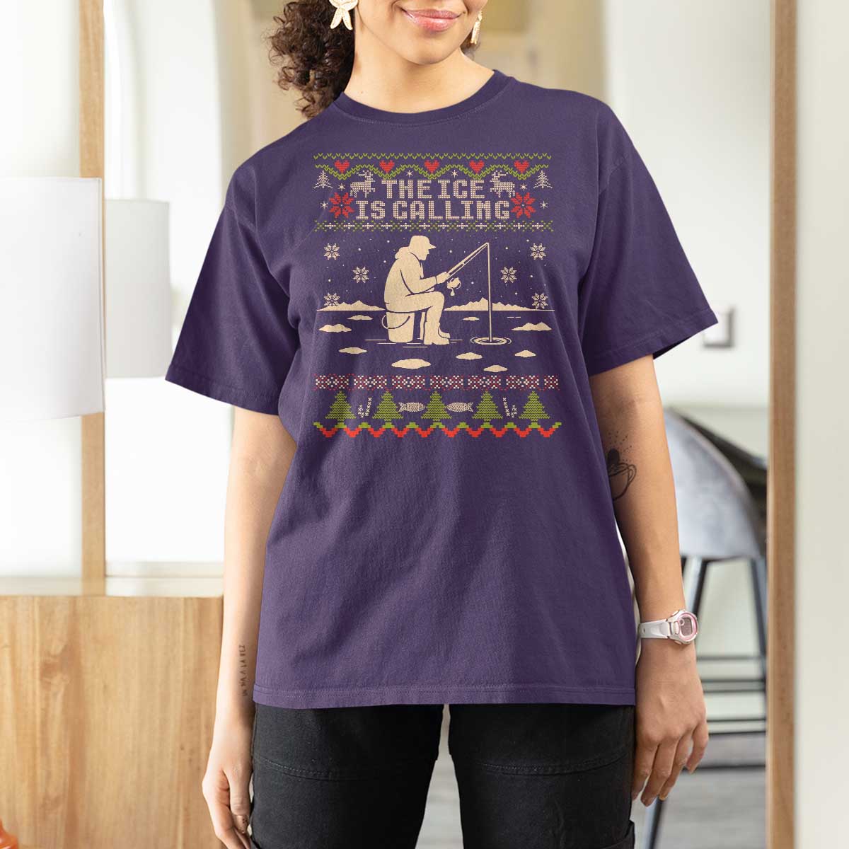 Funny Christmas Ice Fishing T Shirt For Women Merry Fishmas Fish Fishing Ugly Xmas - Wonder Print Shop
