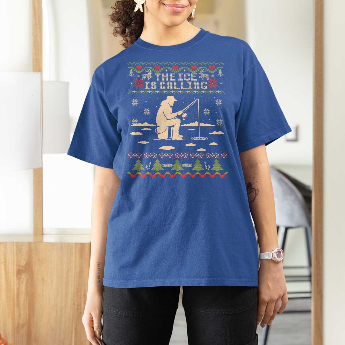 Funny Christmas Ice Fishing T Shirt For Women Merry Fishmas Fish Fishing Ugly Xmas - Wonder Print Shop
