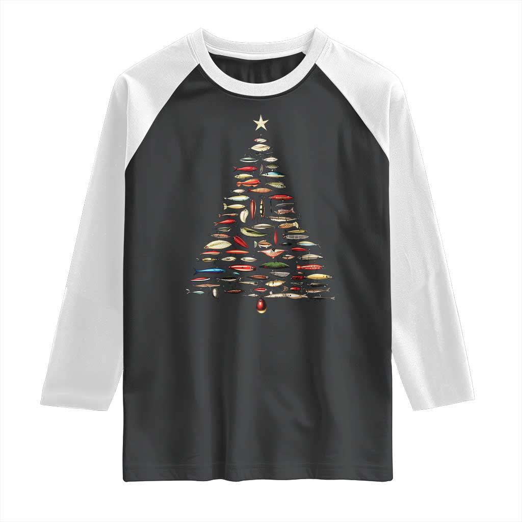 Fishing Lure Christmas Tree Raglan Shirt Retro Fisherman Xmas Fish Fly - Wonder Print Shop