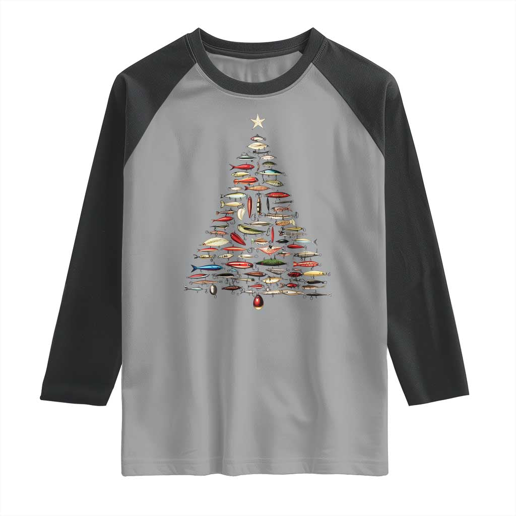 Fishing Lure Christmas Tree Raglan Shirt Retro Fisherman Xmas Fish Fly - Wonder Print Shop