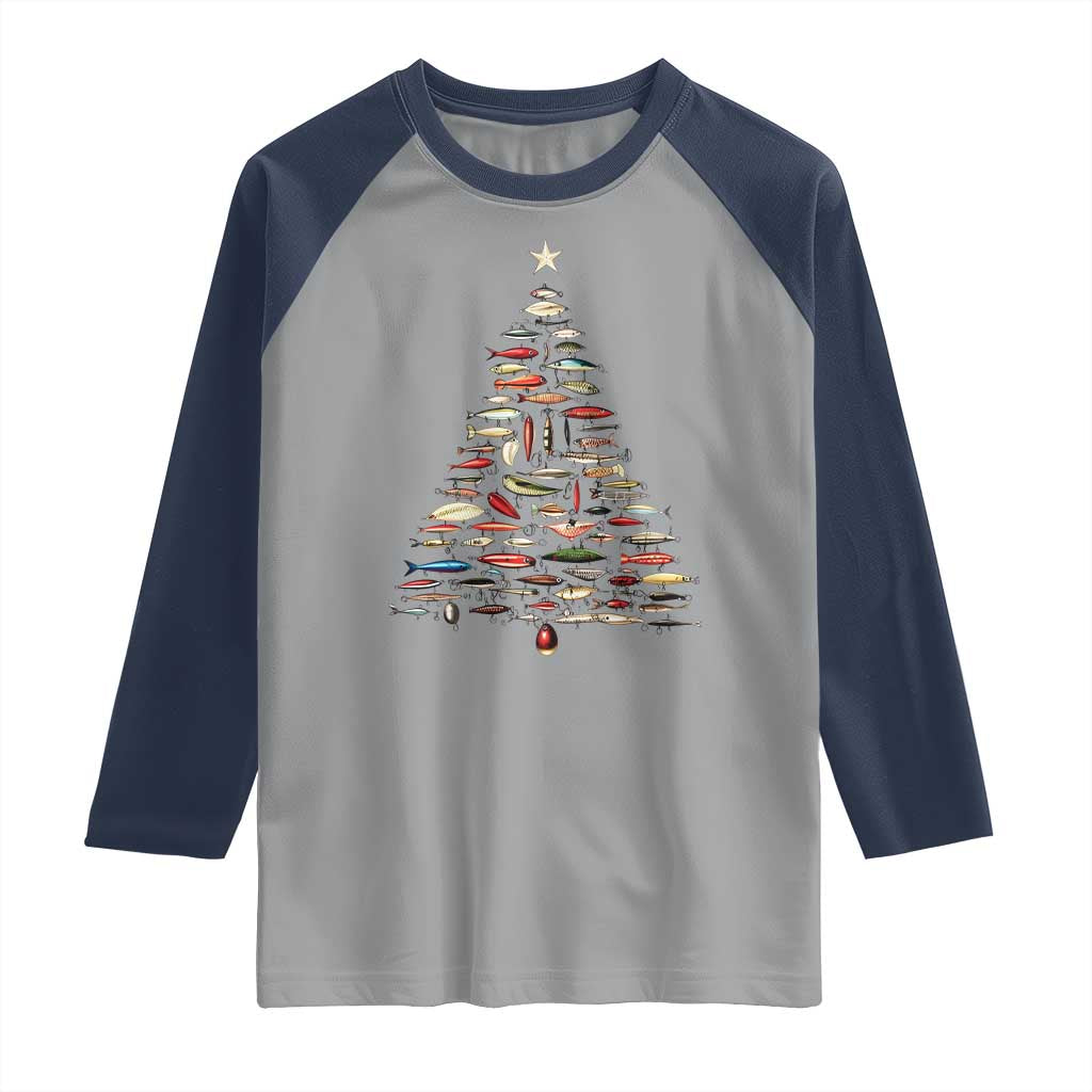Fishing Lure Christmas Tree Raglan Shirt Retro Fisherman Xmas Fish Fly - Wonder Print Shop
