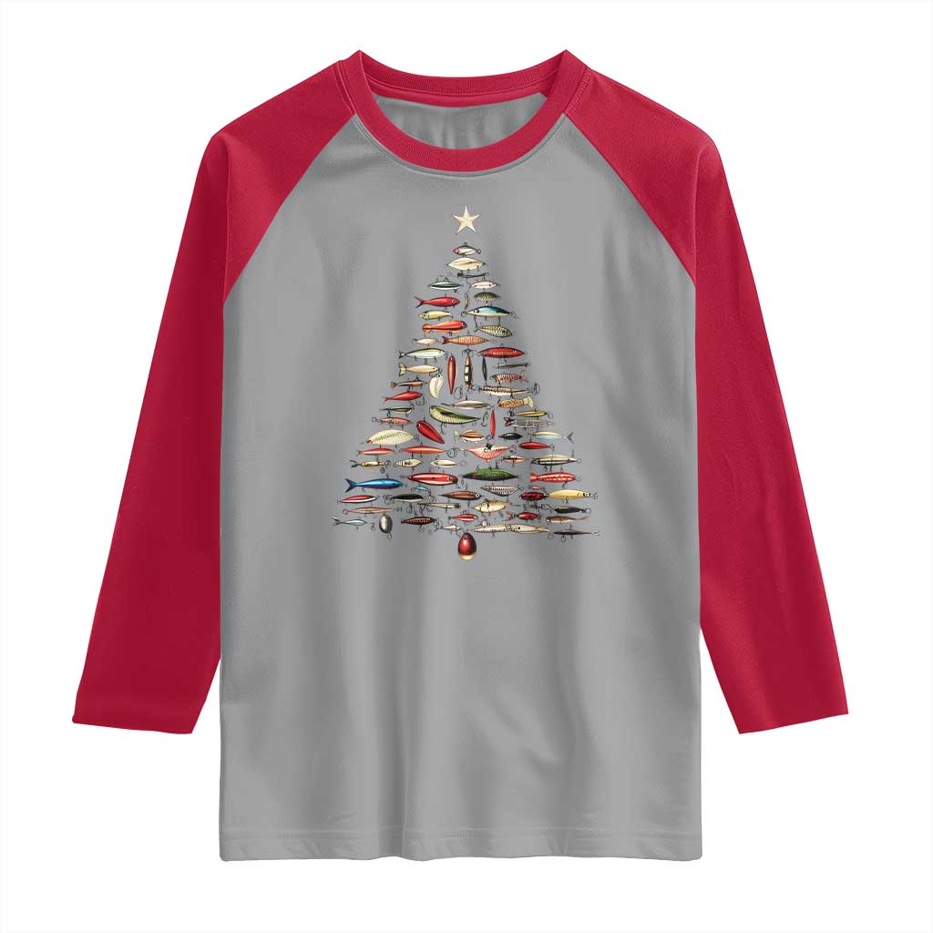 Fishing Lure Christmas Tree Raglan Shirt Retro Fisherman Xmas Fish Fly - Wonder Print Shop