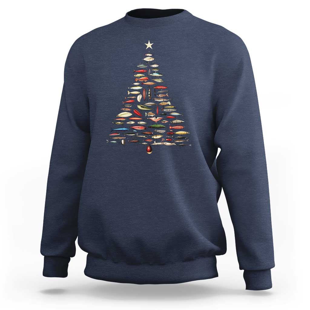 Fishing Lure Christmas Tree Sweatshirt Retro Fisherman Xmas Fish Fly - Wonder Print Shop