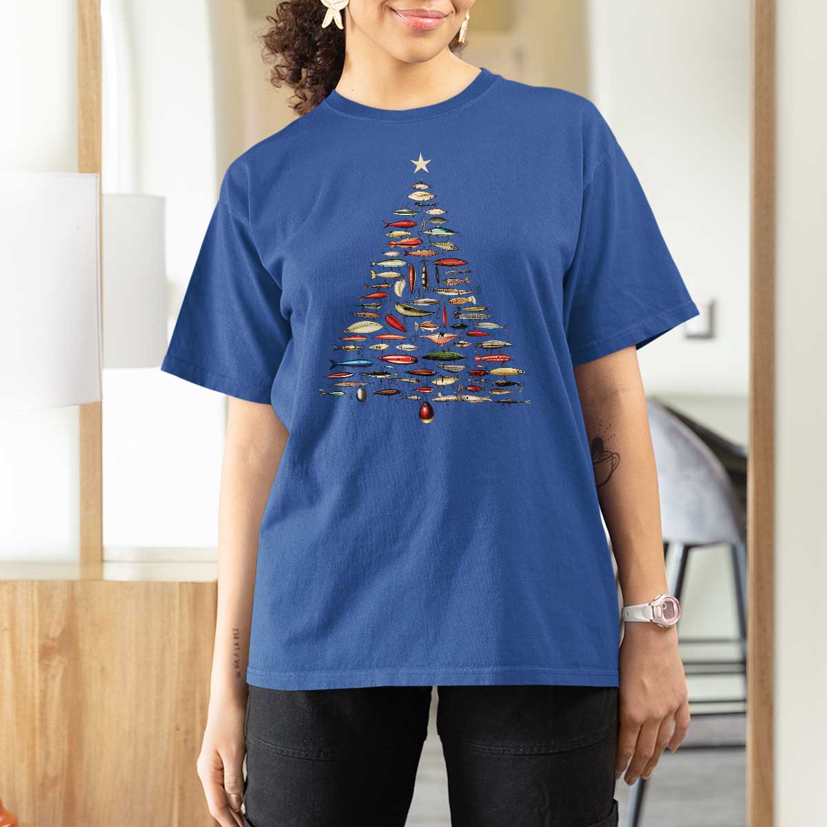 Fishing Lure Christmas Tree T Shirt For Women Retro Fisherman Xmas Fish Fly - Wonder Print Shop