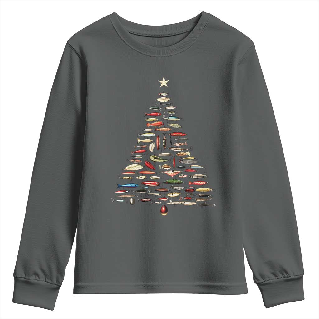 Fishing Lure Christmas Tree Youth Sweatshirt Retro Fisherman Xmas Fish Fly - Wonder Print Shop