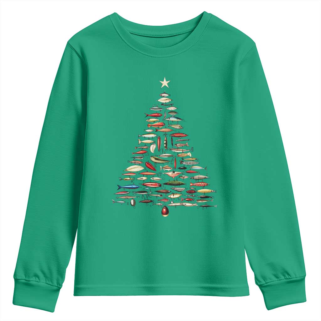 Fishing Lure Christmas Tree Youth Sweatshirt Retro Fisherman Xmas Fish Fly - Wonder Print Shop