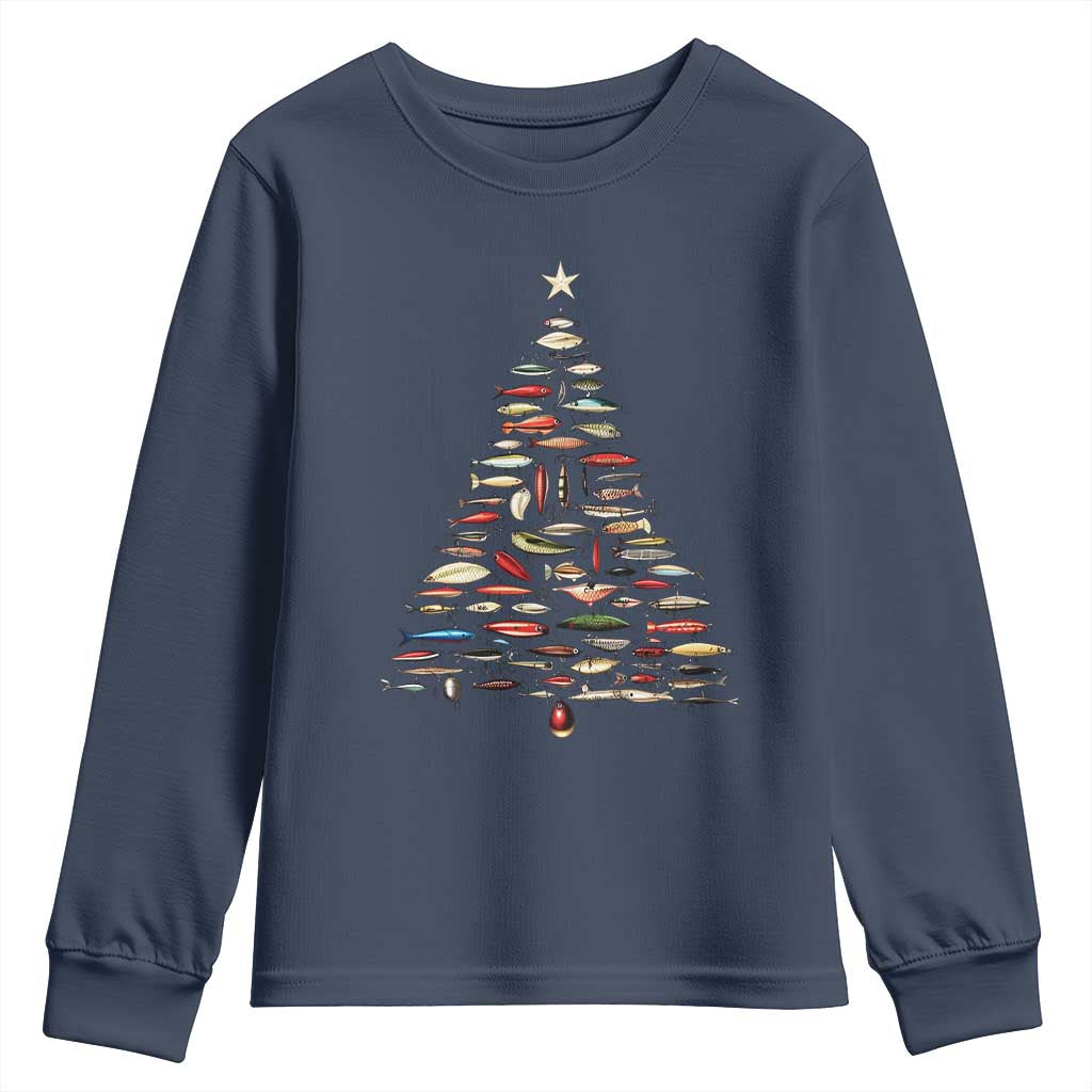 Fishing Lure Christmas Tree Youth Sweatshirt Retro Fisherman Xmas Fish Fly - Wonder Print Shop