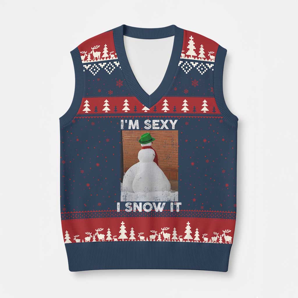 Sarcastic Snowman V-Neck Knit Sweater Vest Funny Xmas I'm Sexy and I Snow It - Wonder Print Shop