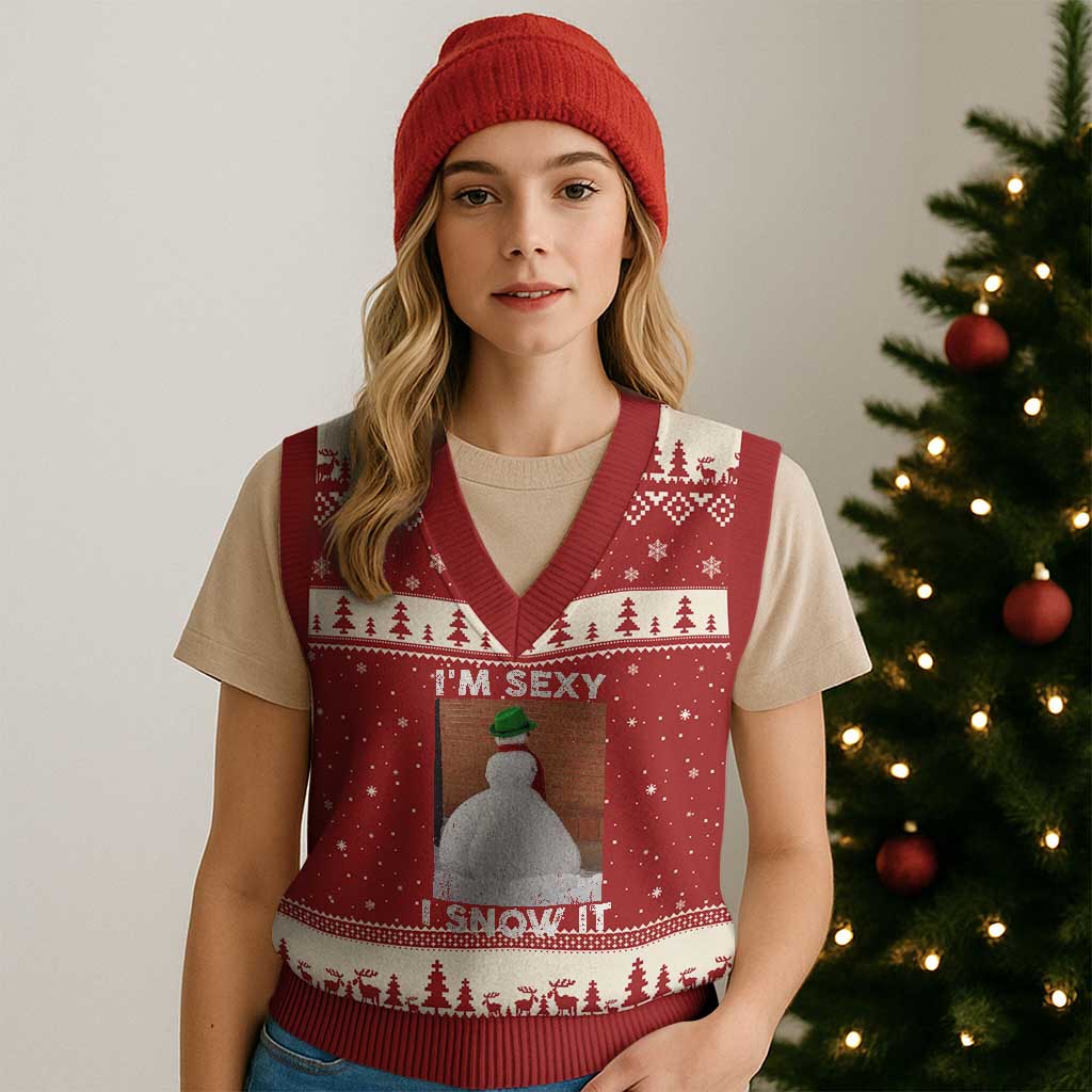 Sarcastic Snowman V-Neck Knit Sweater Vest Funny Xmas I'm Sexy and I Snow It - Wonder Print Shop