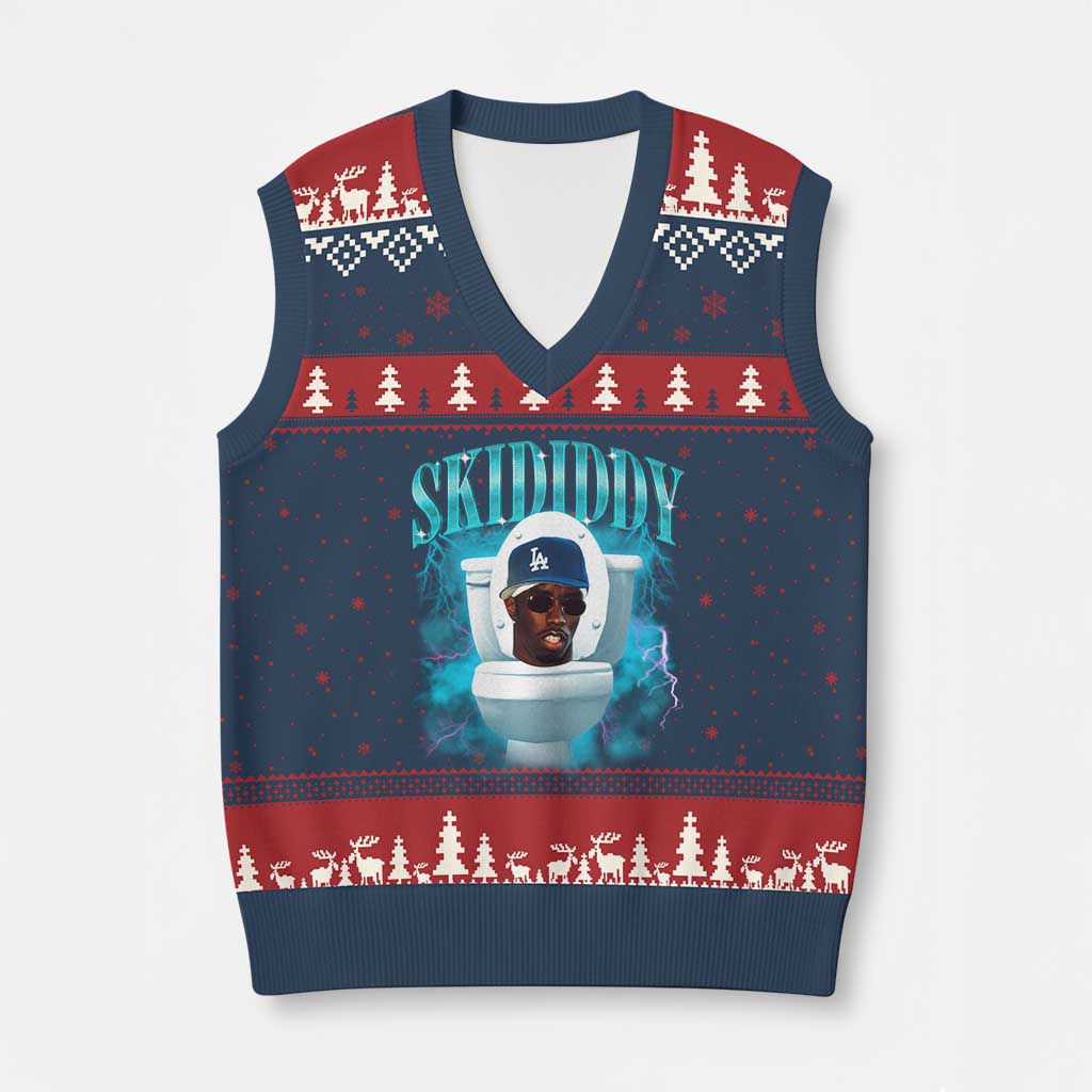Funny Diddy V-Neck Knit Sweater Vest Diddy Skibidi Toilet Bootleg Meme - Wonder Print Shop