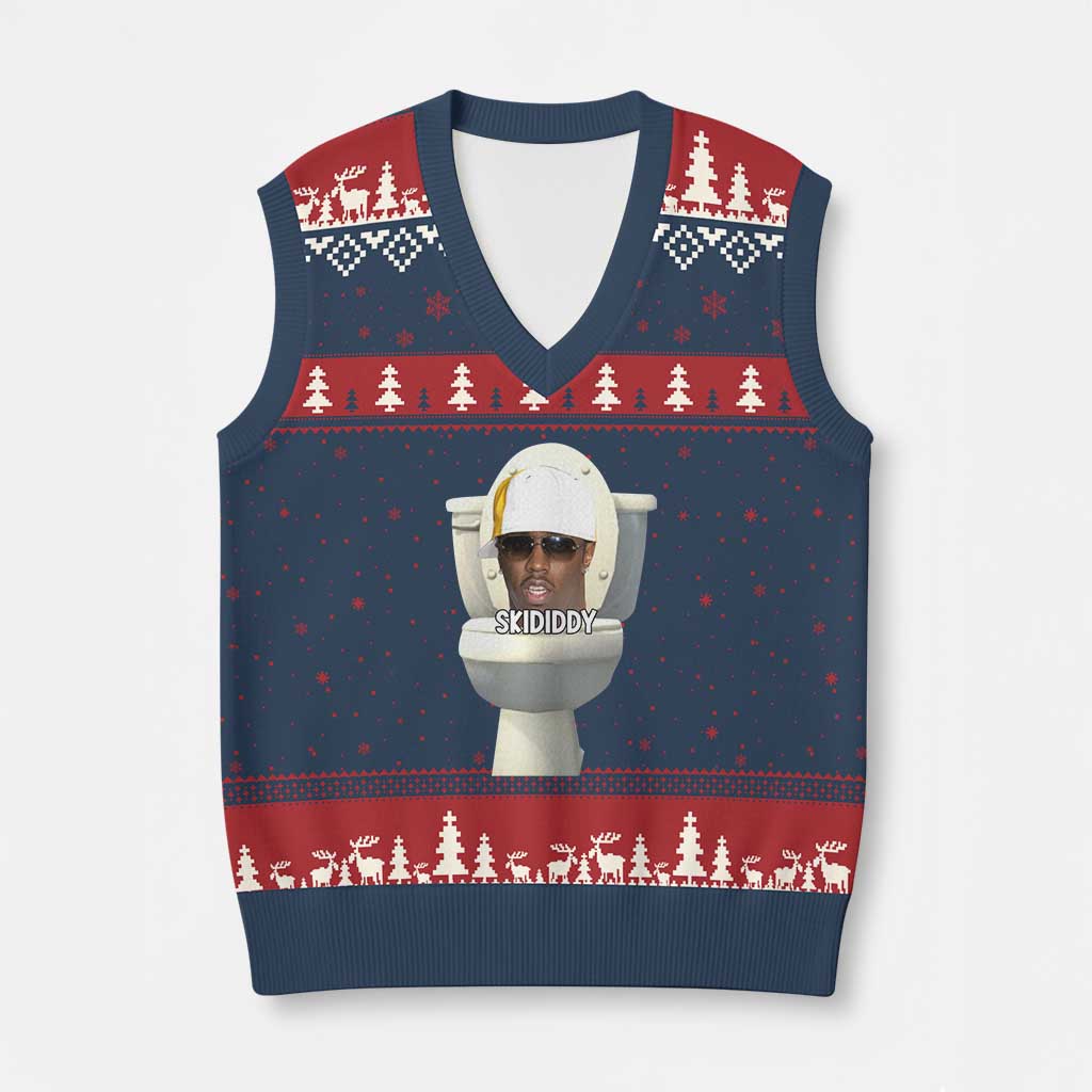 Funny Diddy V-Neck Knit Sweater Vest Diddy Skibidi Toilet Meme - Wonder Print Shop