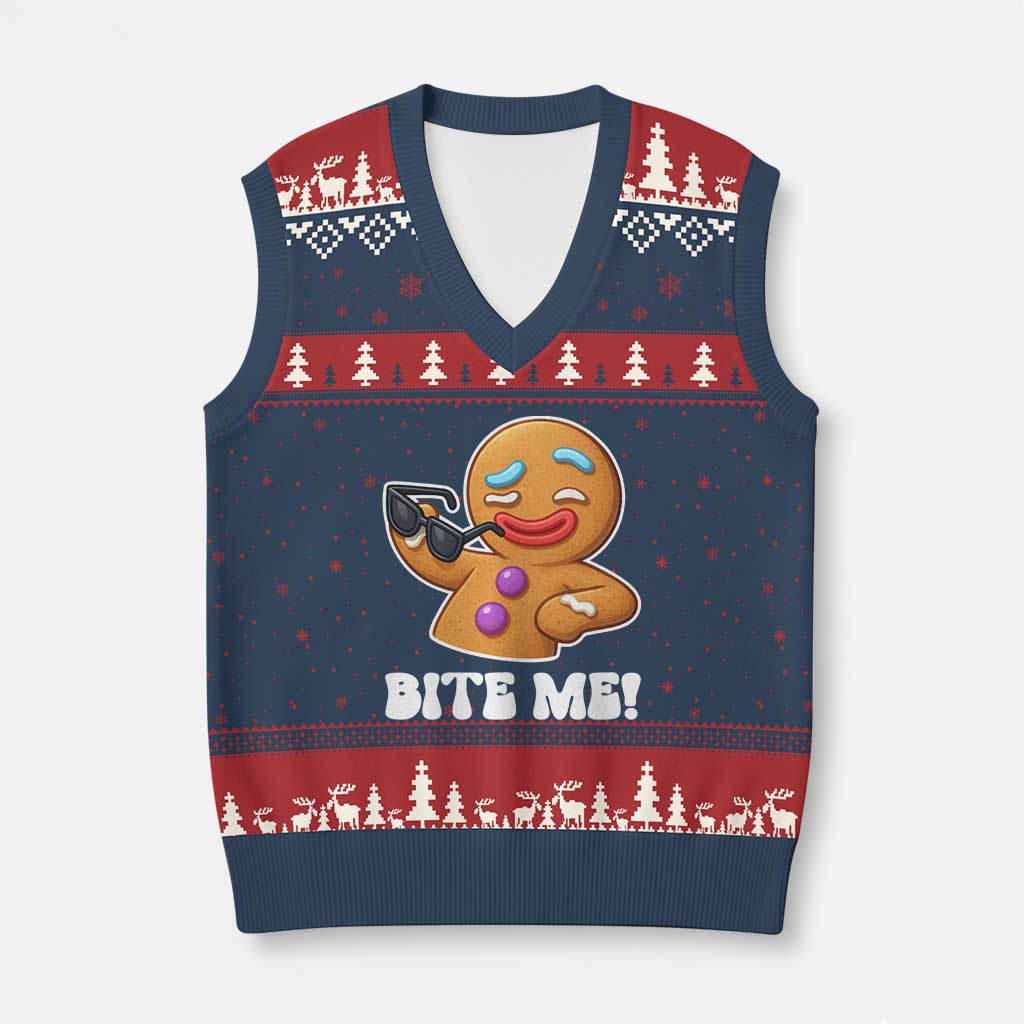 Funny Xmas Gingerbread Man V-Neck Knit Sweater Vest Funny Sexy Cookie Bite Me - Wonder Print Shop