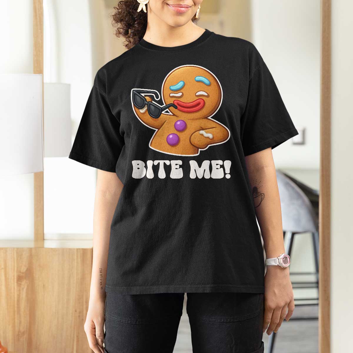 Funny Xmas Gingerbread Man T Shirt For Women Funny Sexy Cookie Bite Me - Wonder Print Shop