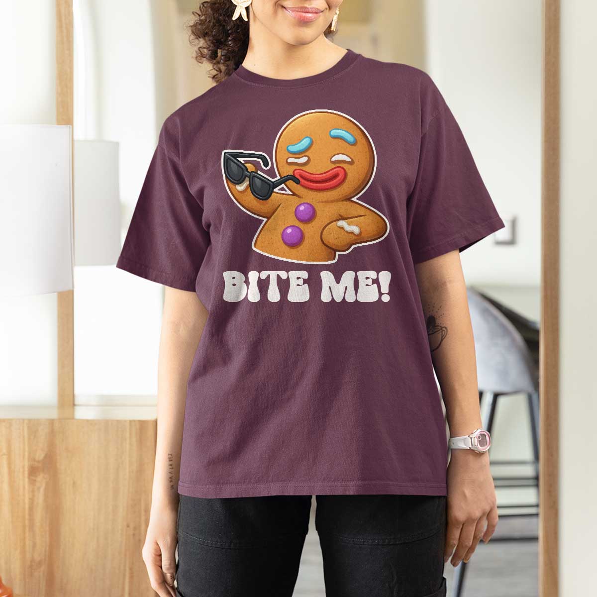 Funny Xmas Gingerbread Man T Shirt For Women Funny Sexy Cookie Bite Me - Wonder Print Shop