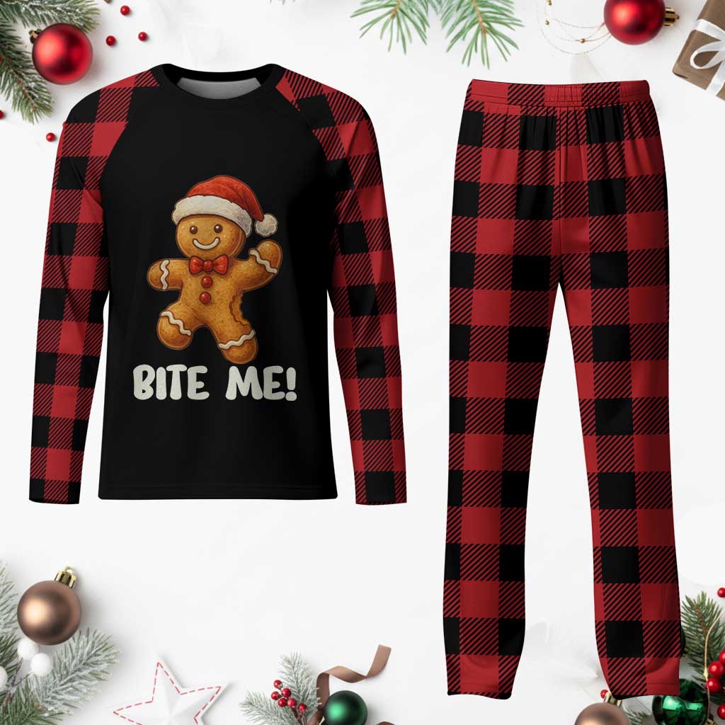Funny Xmas Gingerbread Man Plaid Pajama Set Cookie Bite Me - Wonder Print Shop