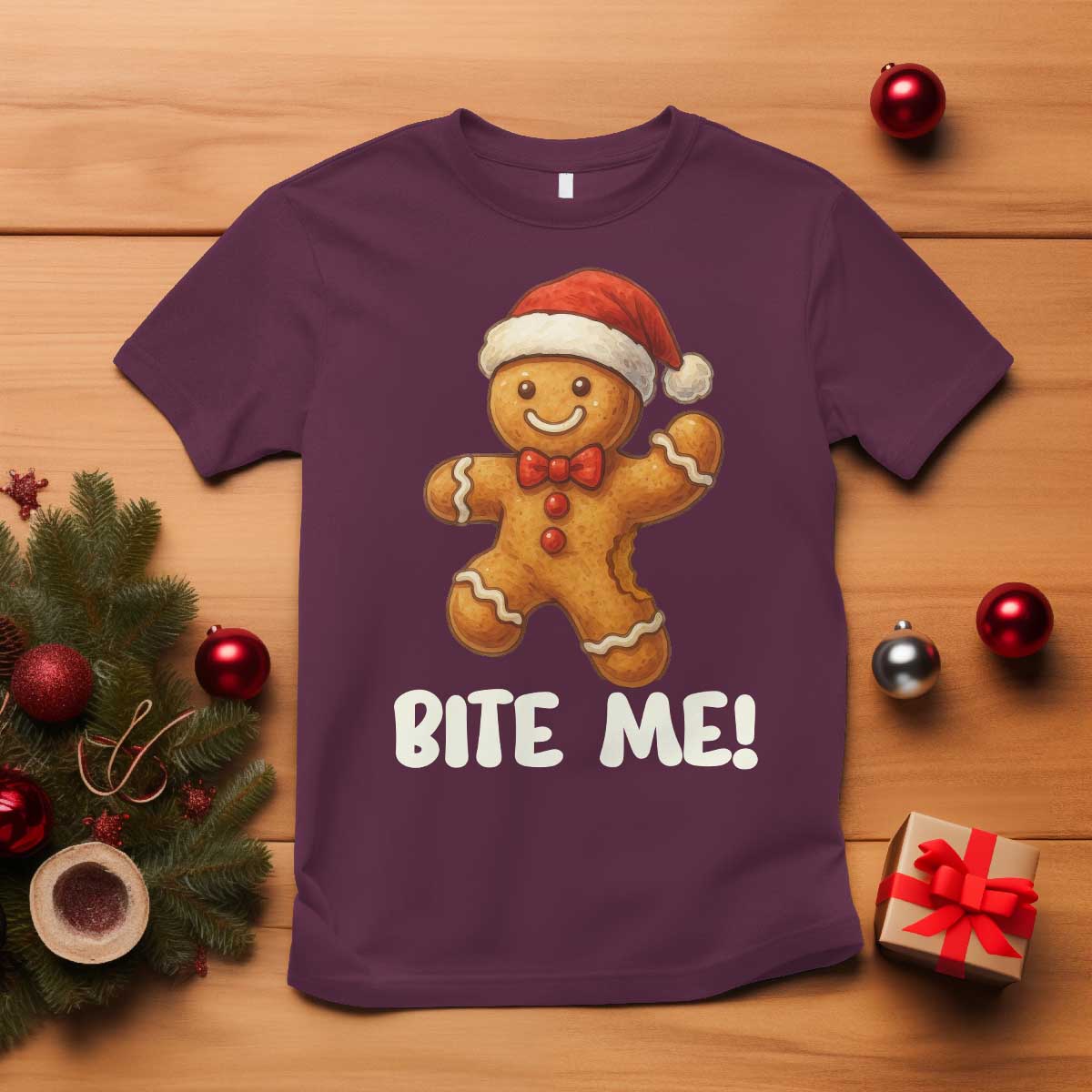 Funny Xmas Gingerbread Man T Shirt Cookie Bite Me - Wonder Print Shop