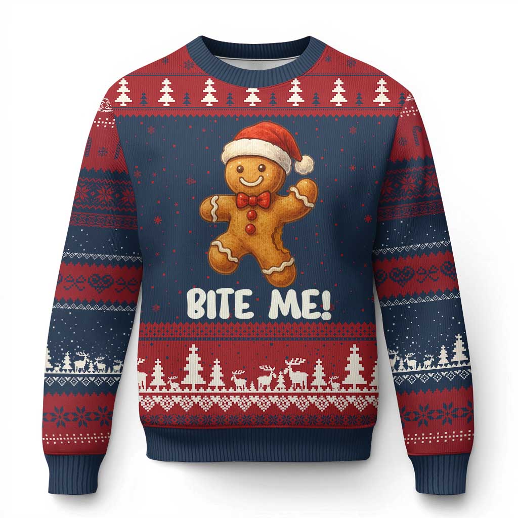 Funny Xmas Gingerbread Man Ugly Christmas Sweater Cookie Bite Me - Wonder Print Shop