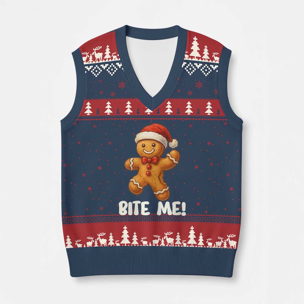 Funny Xmas Gingerbread Man V-Neck Knit Sweater Vest Cookie Bite Me - Wonder Print Shop