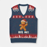 Funny Xmas Gingerbread Man V-Neck Knit Sweater Vest Cookie Bite Me - Wonder Print Shop