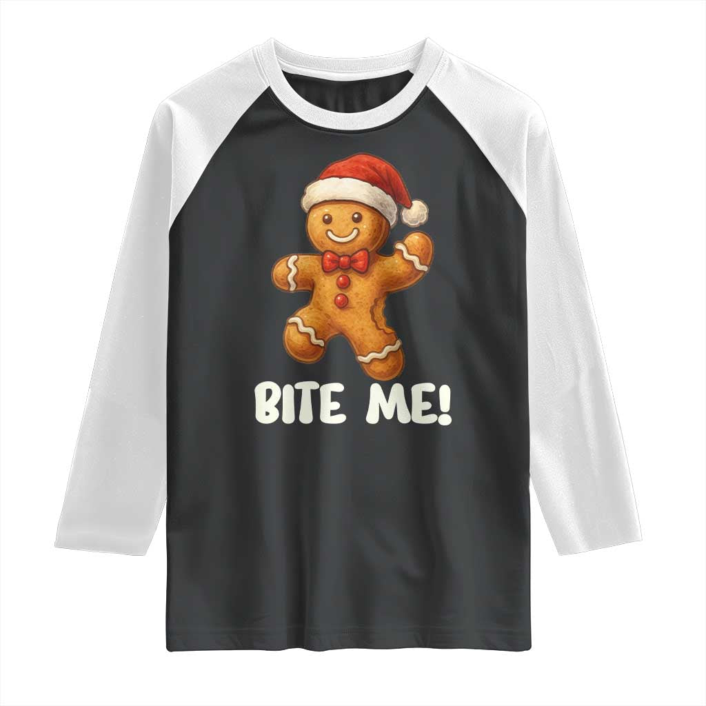Funny Xmas Gingerbread Man Raglan Shirt Cookie Bite Me - Wonder Print Shop