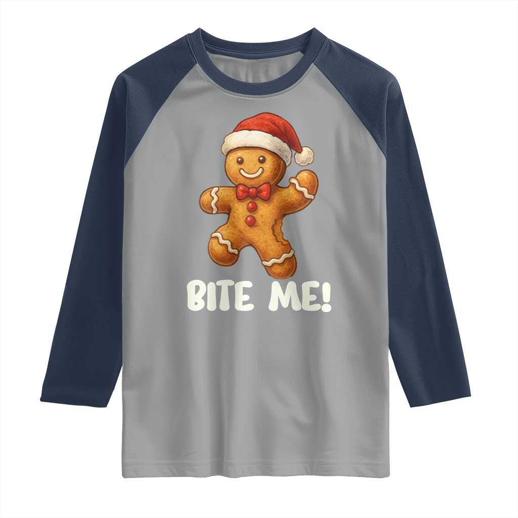 Funny Xmas Gingerbread Man Raglan Shirt Cookie Bite Me - Wonder Print Shop