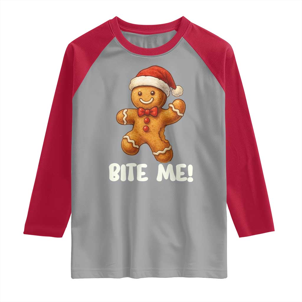 Funny Xmas Gingerbread Man Raglan Shirt Cookie Bite Me - Wonder Print Shop