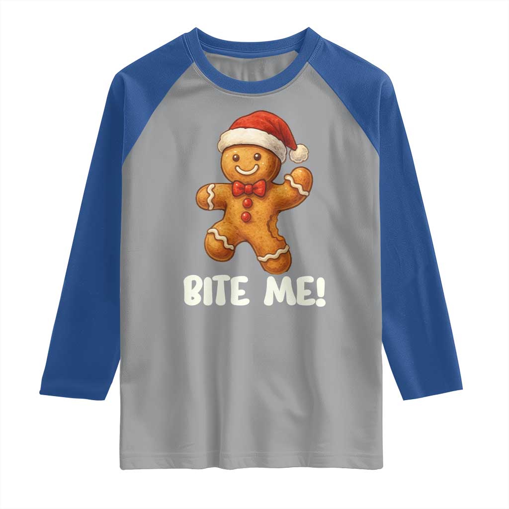 Funny Xmas Gingerbread Man Raglan Shirt Cookie Bite Me - Wonder Print Shop