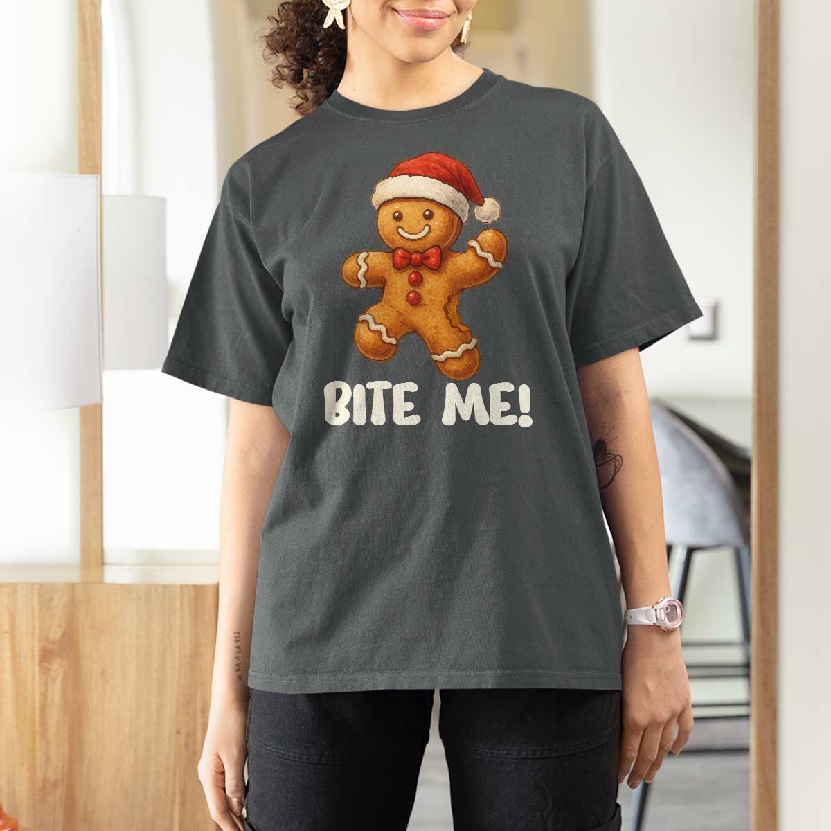 Funny Xmas Gingerbread Man T Shirt For Women Cookie Bite Me - Wonder Print Shop